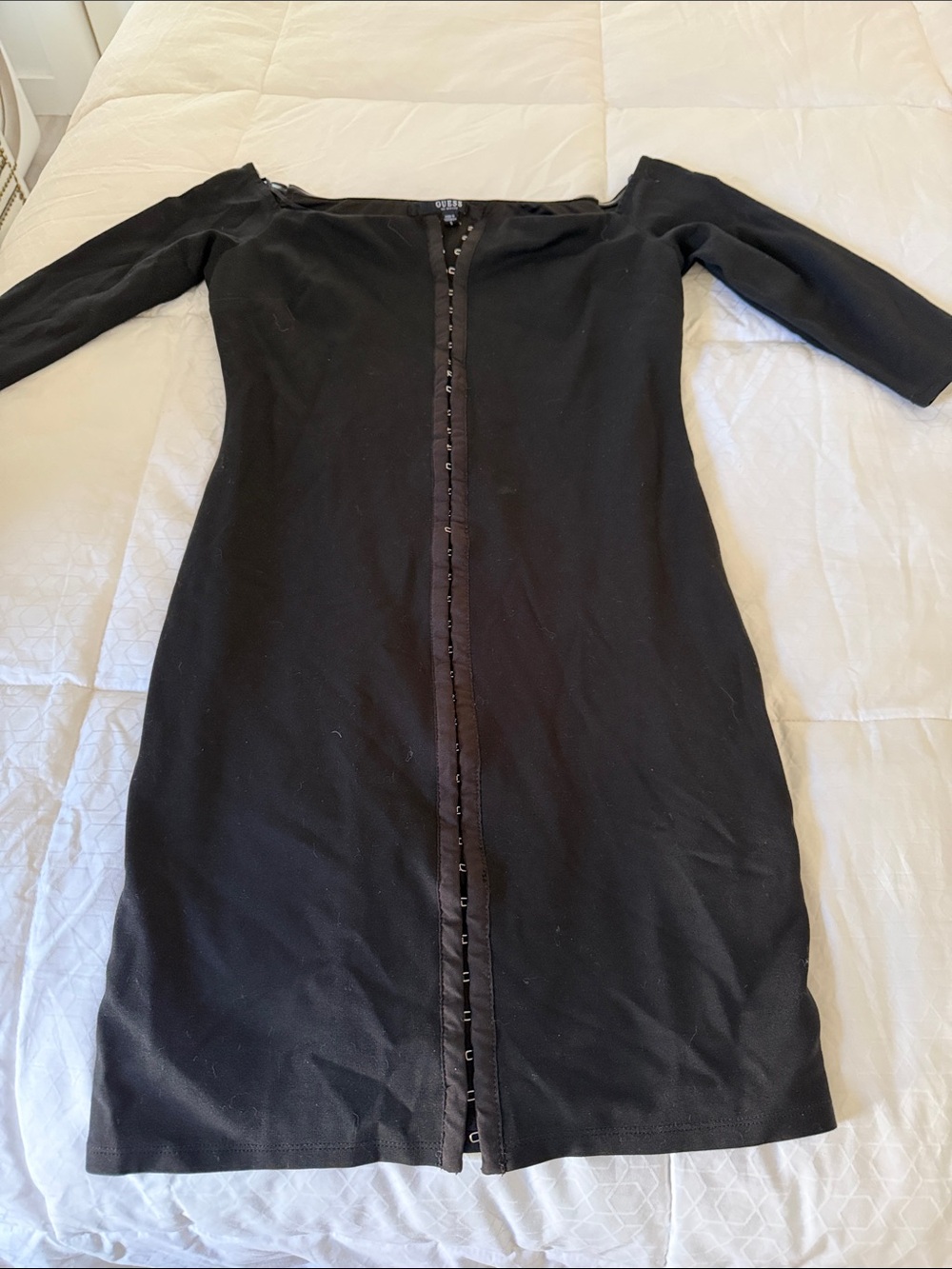 Guess Black Off-Shoulder Long Sleeve Bodycon Dress with Front Hook Detail